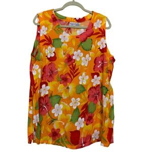 Carolina Colours Plus Womens 18W Tropical Floral Sequin Sleeveless Blouse Orange